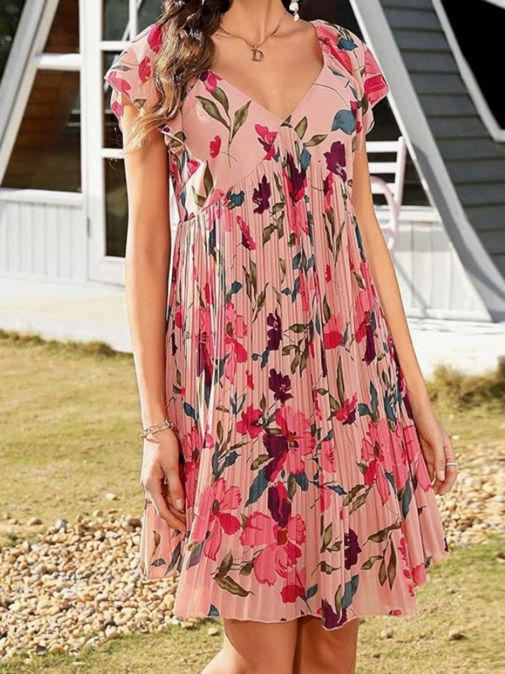Pleated Floral V-Neck Pink Mini Dress